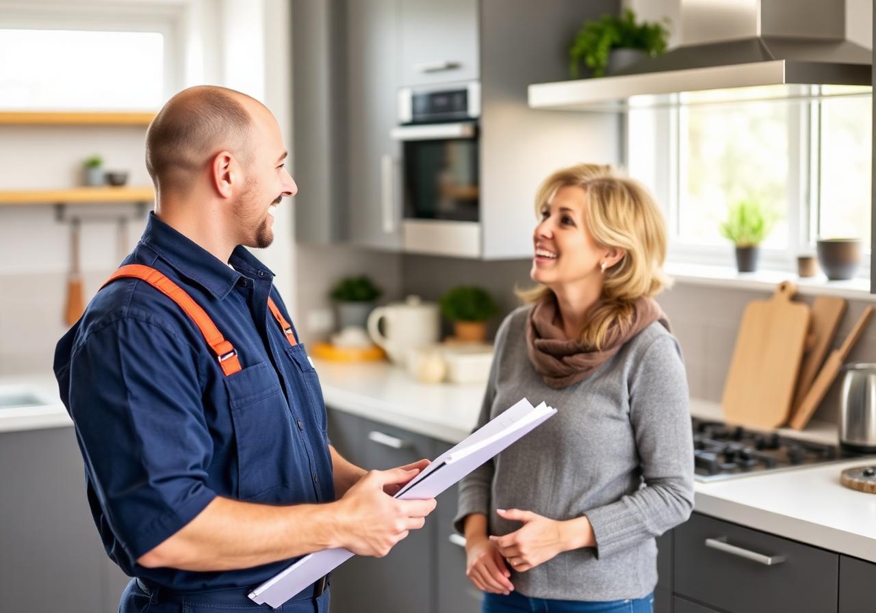 Web Design Newport — British plumber discussing work with a happy client in a Newport home
